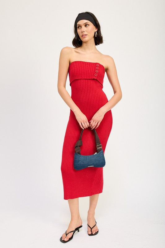 Women s Foldover Rib Knit Strapless Bandeau Midi Dress Red S