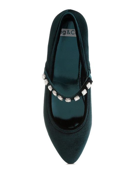 Aralia Rhinestones Detail Velvet Mary Jane Ballerina Flats