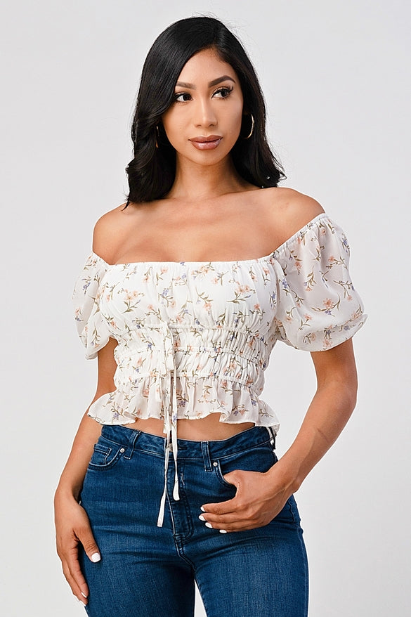 Judie Floral Print Puff Sleeve Mesh Smocked Top