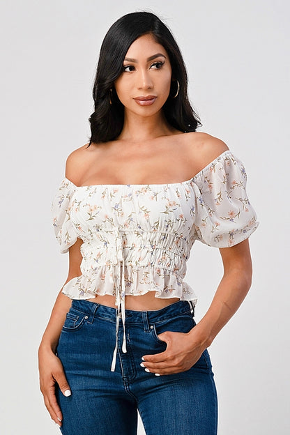 Judie Floral Print Puff Sleeve Mesh Smocked Top