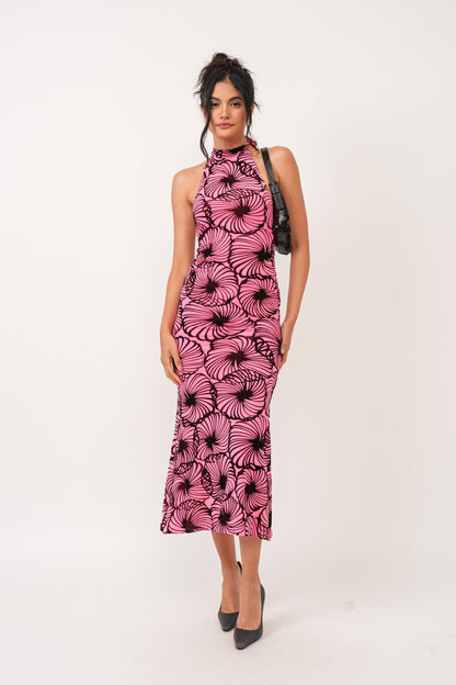 Scarlett Velvet Flower Print Open Back Maxi Dress