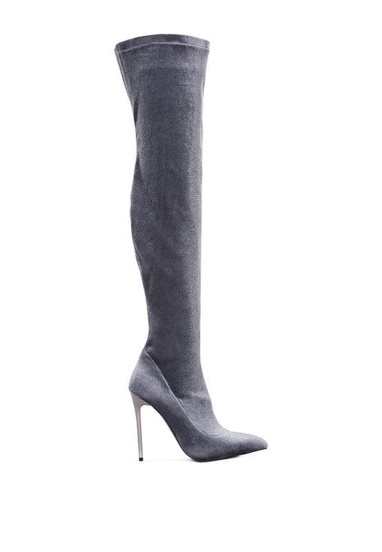 Mademoiselle Pointed Toe Velvet Knee High Boots