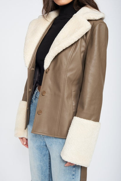 Noemi Belted Shearling Trim Vegan Leather Jacket