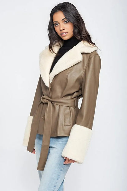 Noemi Belted Shearling Trim Vegan Leather Jacket