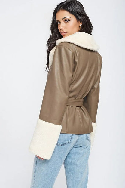 Noemi Belted Shearling Trim Vegan Leather Jacket