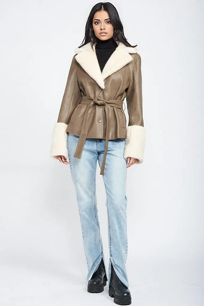 Noemi Belted Shearling Trim Vegan Leather Jacket