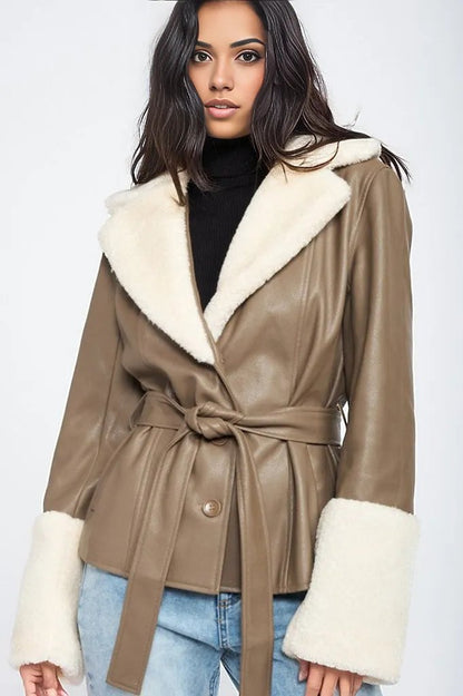 Noemi Belted Shearling Trim Vegan Leather Jacket