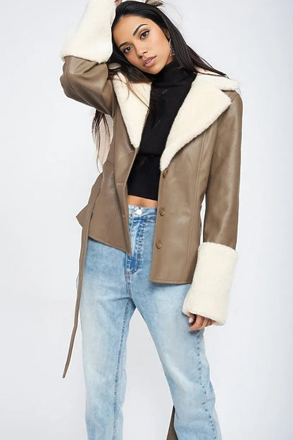 Noemi Belted Shearling Trim Vegan Leather Jacket