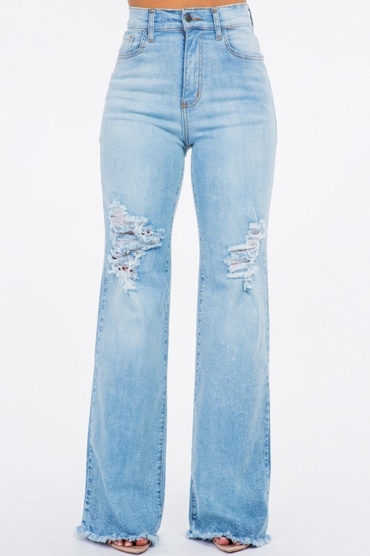 Jackie High Rise Distressed Detail Wide Leg Jeans