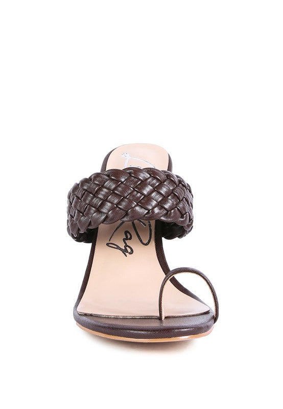 High Perks Woven Strap Toe Ring High Heel Mule Sandals