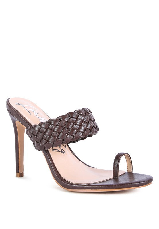 High Perks Woven Strap Toe Ring High Heel Mule Sandals