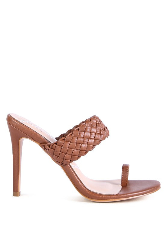 High Perks Woven Strap Toe Ring High Heel Mule Sandals