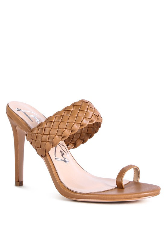 High Perks Woven Strap Toe Ring High Heel Mule Sandals