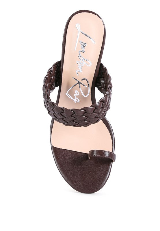 High Perks Woven Strap Toe Ring High Heel Mule Sandals