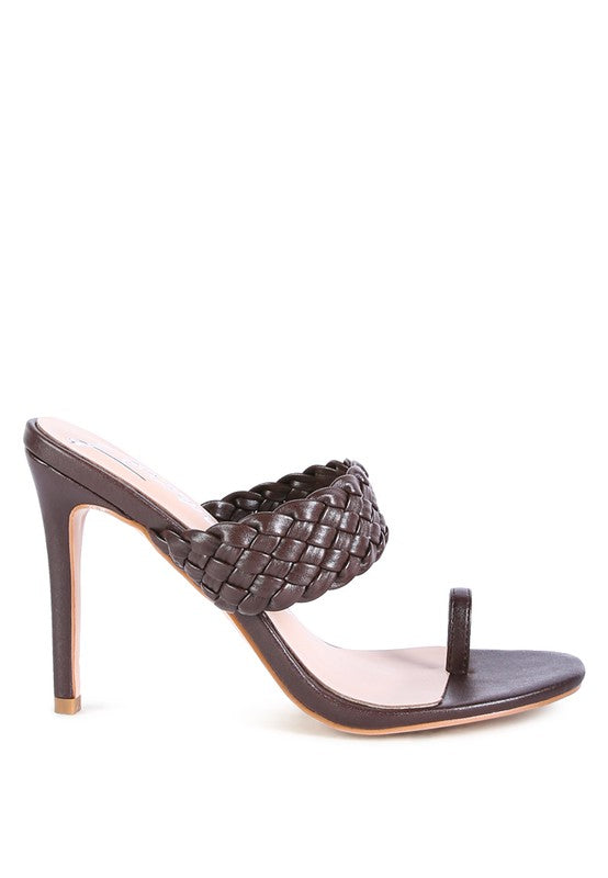 High Perks Woven Strap Toe Ring High Heel Mule Sandals