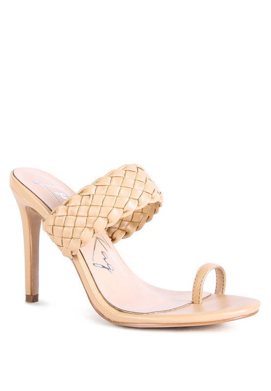 High Perks Woven Strap Toe Ring High Heel Mule Sandals