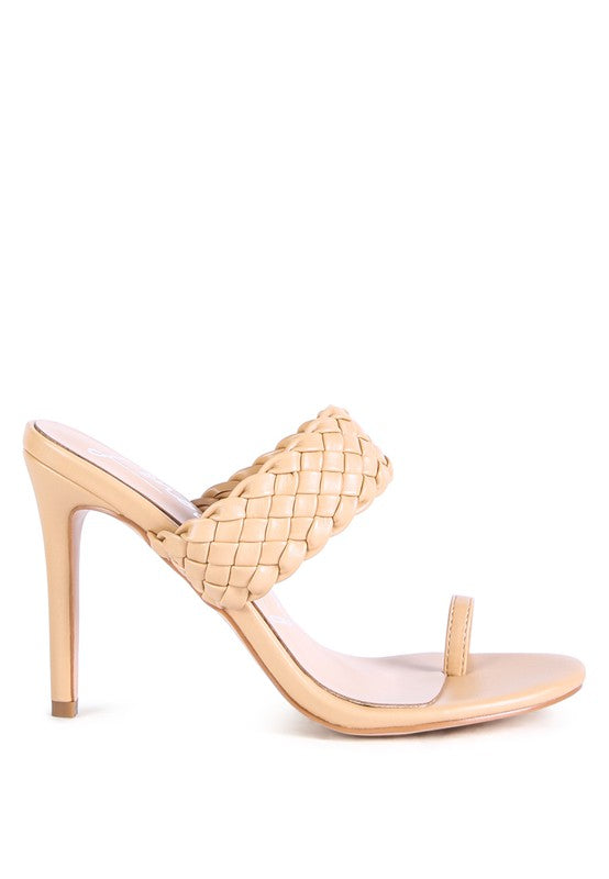 High Perks Woven Strap Toe Ring High Heel Mule Sandals