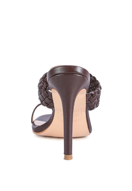 High Perks Woven Strap Toe Ring High Heel Mule Sandals