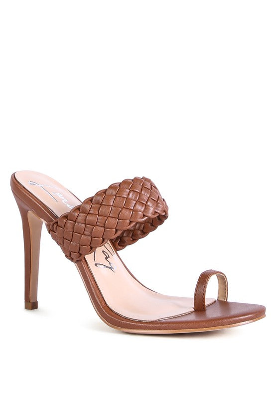 High Perks Woven Strap Toe Ring High Heel Mule Sandals