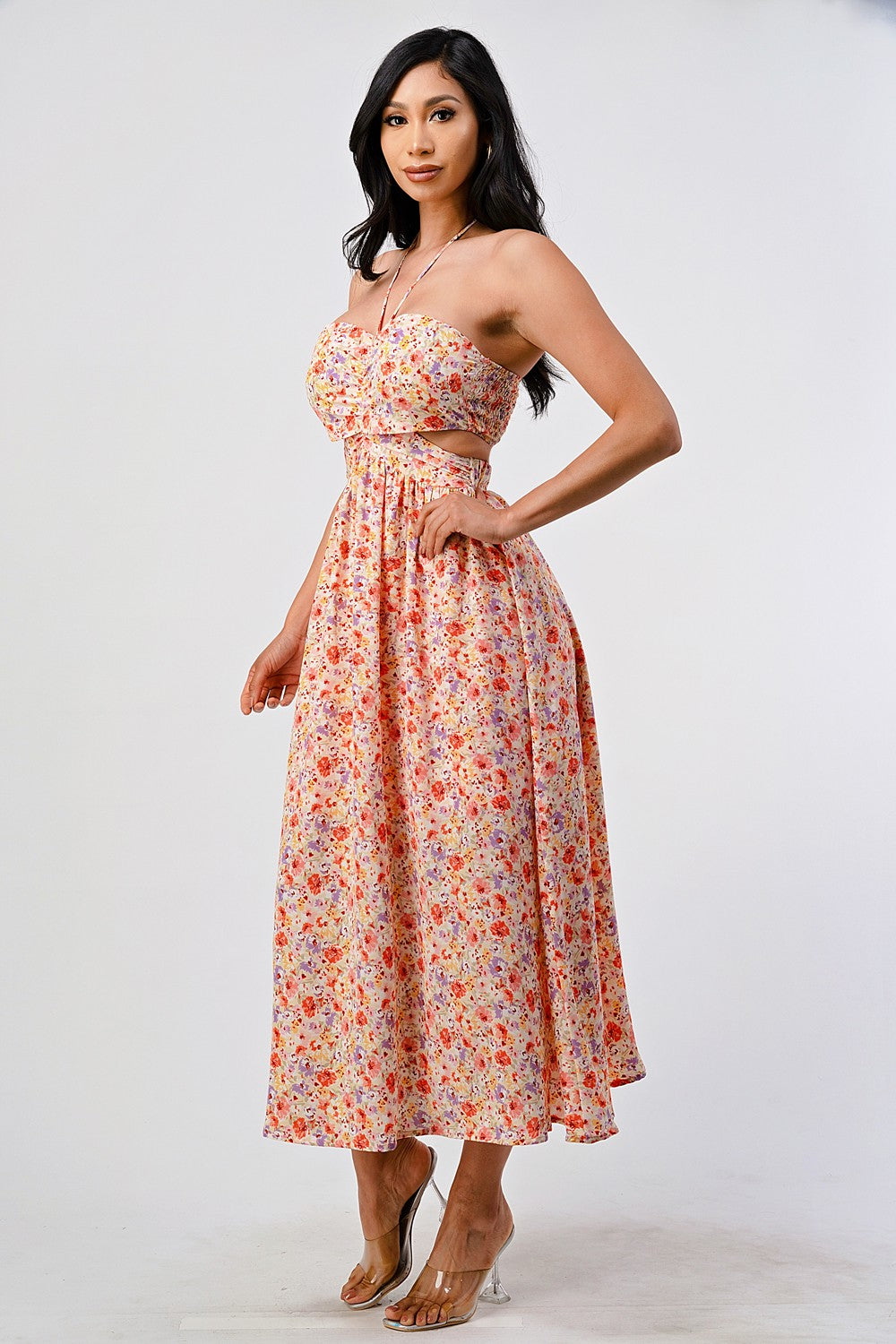 Marlo Floral Print Cutout Halter Maxi Dress