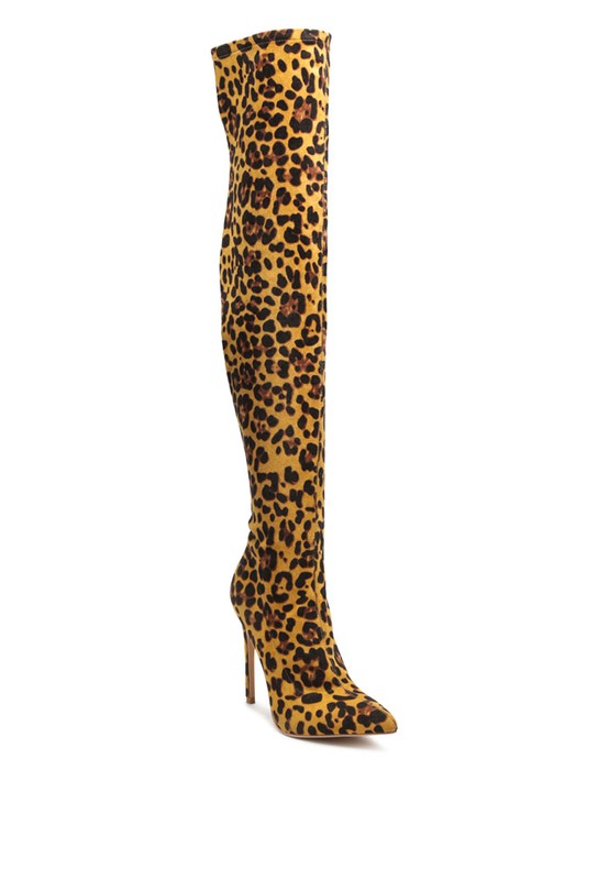 Safira Leopard Print Pointed Toe Over The Knee Boots