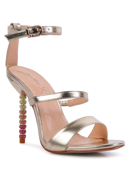 Queenie Rhinestones Beaded High Heel Multi Straps Satin Sandals