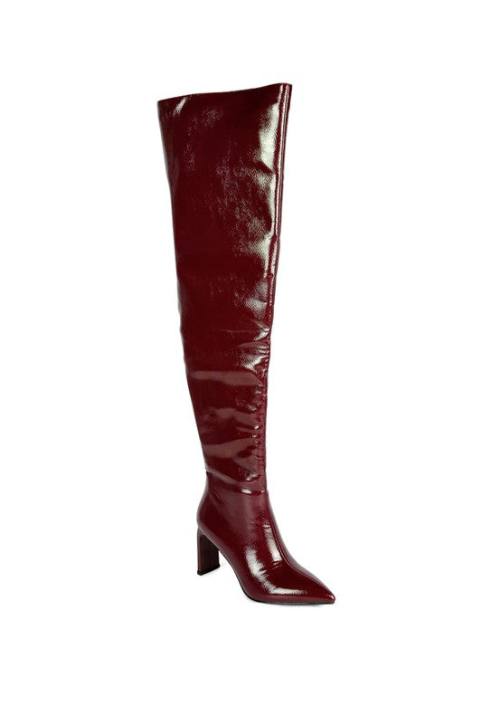 Mimi Statement Patent Leather Pu Block Heel Knee High Boots