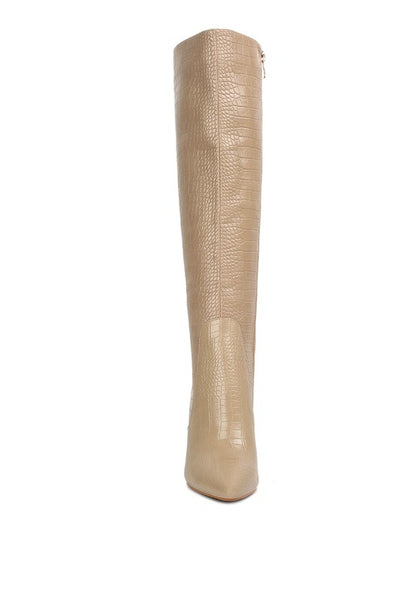 Indulge Croc Print Pointed Toe Knee High Boots