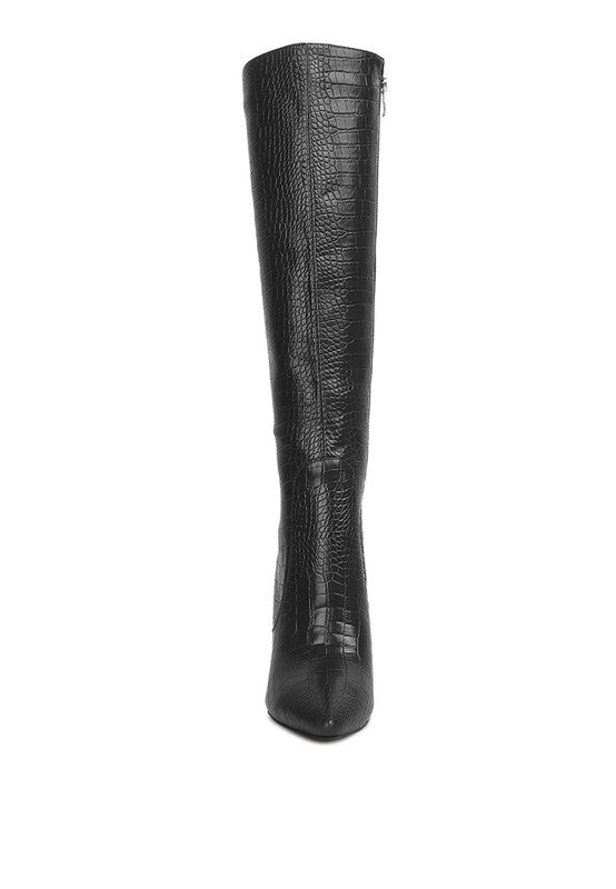 Indulge Croc Print Pointed Toe Knee High Boots