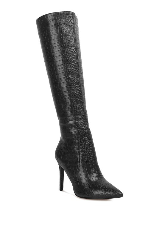 Indulge Croc Print Pointed Toe Knee High Boots