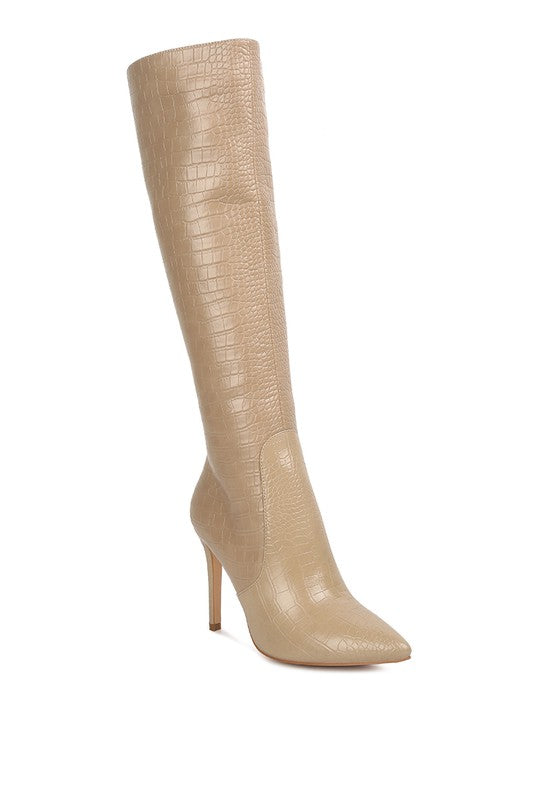 Indulge Croc Print Pointed Toe Knee High Boots