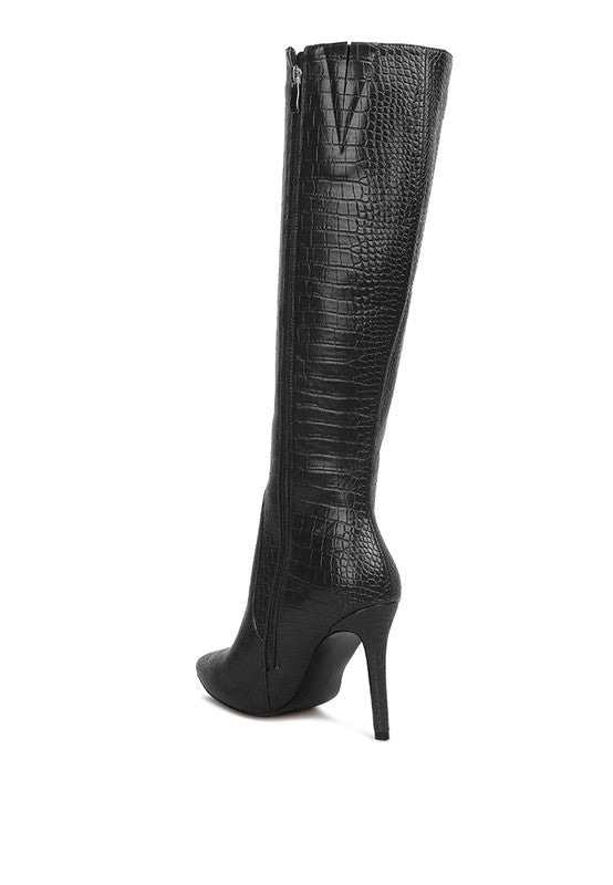 Indulge Croc Print Pointed Toe Knee High Boots