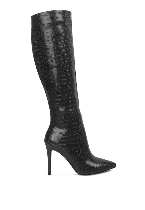 Indulge Croc Print Pointed Toe Knee High Boots