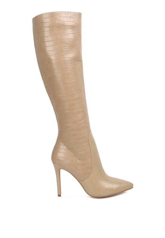 Indulge Croc Print Pointed Toe Knee High Boots