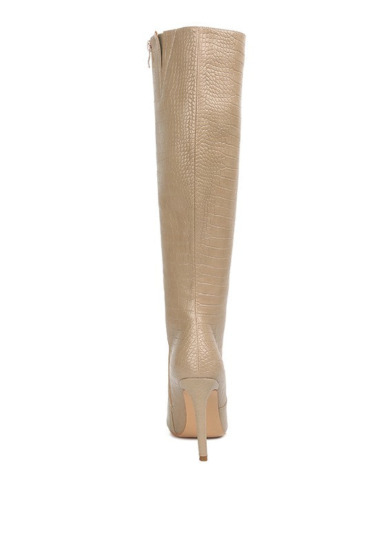 Indulge Croc Print Pointed Toe Knee High Boots