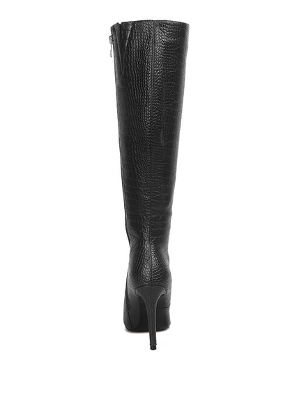 Indulge Croc Print Pointed Toe Knee High Boots