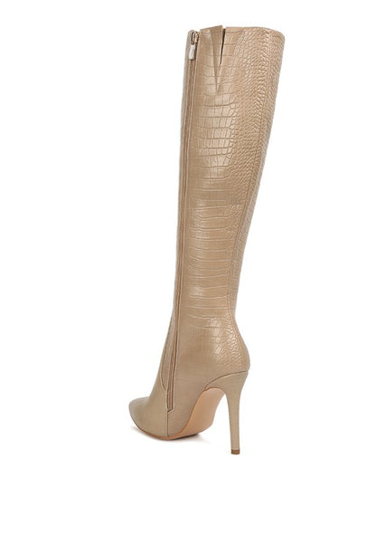 Indulge Croc Print Pointed Toe Knee High Boots