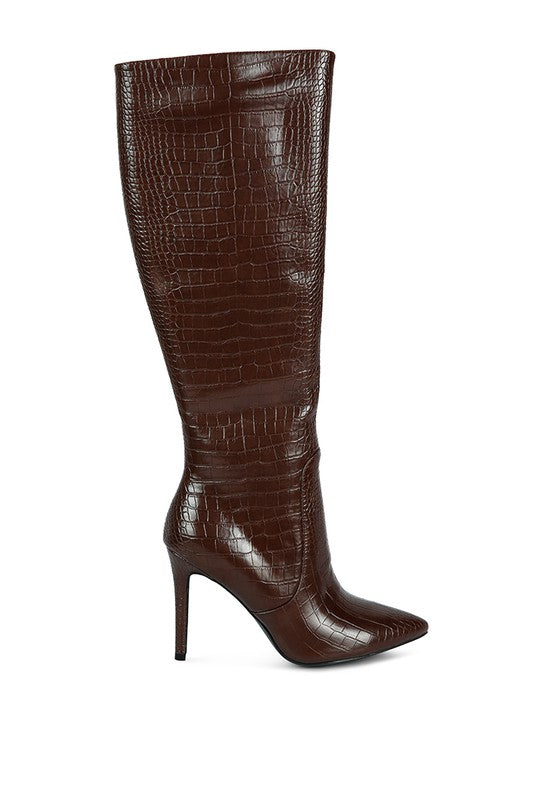 Indulge Croc Print Pointed Toe Knee High Boots