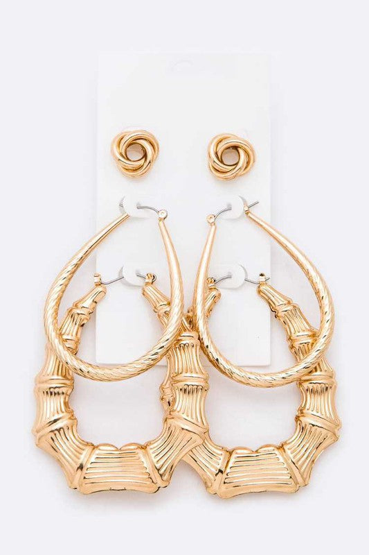 Mix Bamboo Hoop &amp; Studs Gold Earrings Set