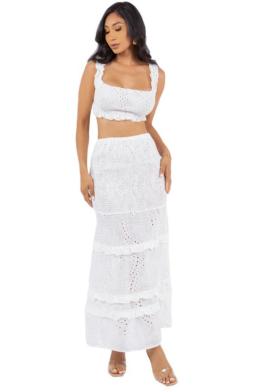 Lucilla Eyelet Smocked Crop Top &amp; Tiered Maxi Skirt Set