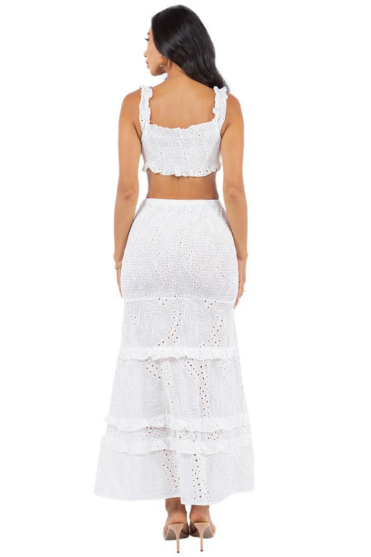 Lucilla Eyelet Smocked Crop Top &amp; Tiered Maxi Skirt Set