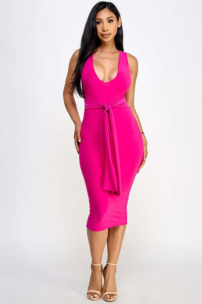 Natasha Deep V Neck Front Tie Bodycon Midi Dress