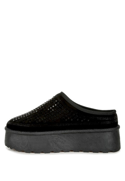 Kristie Rhinestones Detail Faux Fur Lined Platform Slippers