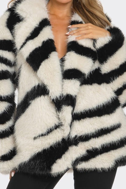 Sahara Zebra Print Faux Fur Coat Animal Print Jacket