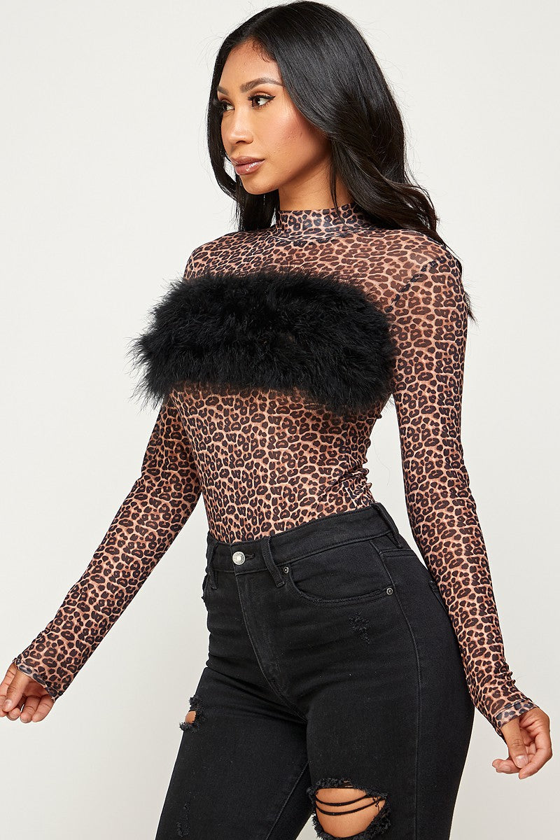 Morgan Faux Fur Trim Leopard Print Bodysuit