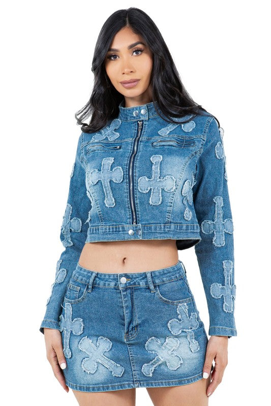 Calista Cross Patch Two Piece Denim Skirt Set