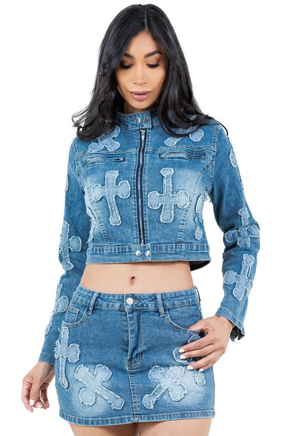 Calista Cross Patch Two Piece Denim Skirt Set