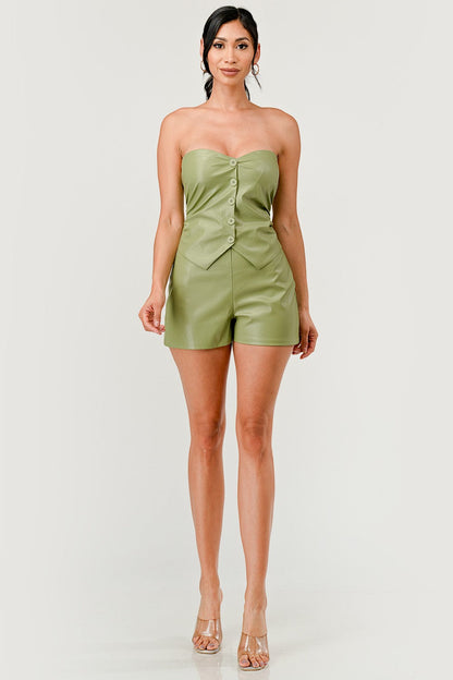 Nicky Button Front Strapless Faux Leather Romper