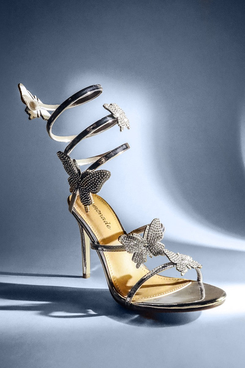 Euphoria Rhinestones Butterfly Detail Ankle Wrap High Heels