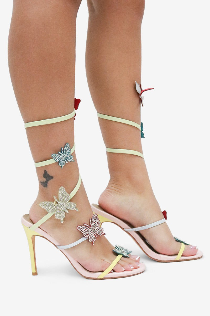 Euphoria Rhinestones Butterfly Detail Ankle Wrap High Heels